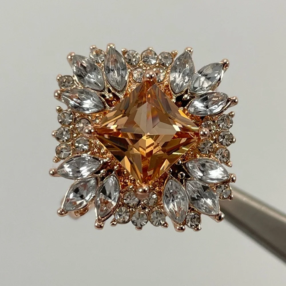 Ring Art Deco Champagne Diamond CZ Princess Cut Halo Gold Tone Plated Boho